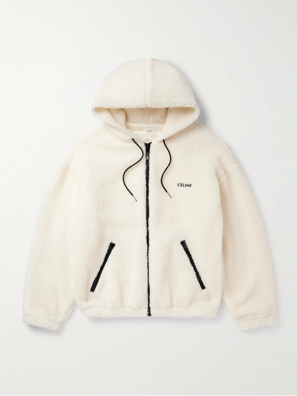 Celine Logo-Embroidered Fleece Hooded Bomber Jacket Cream